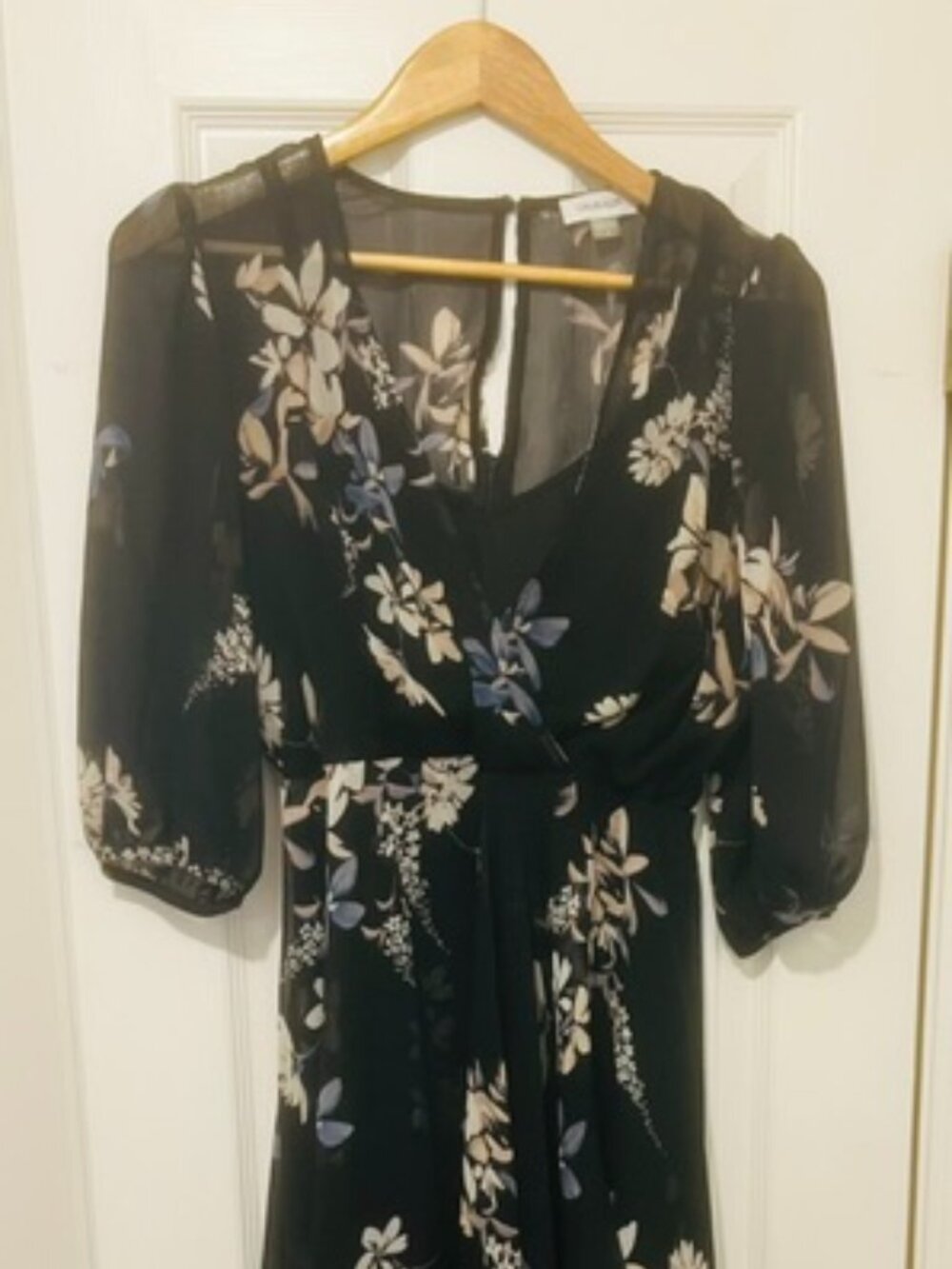 Calvon Kline black/floral midi dress with high/low hem, slip dress underneath